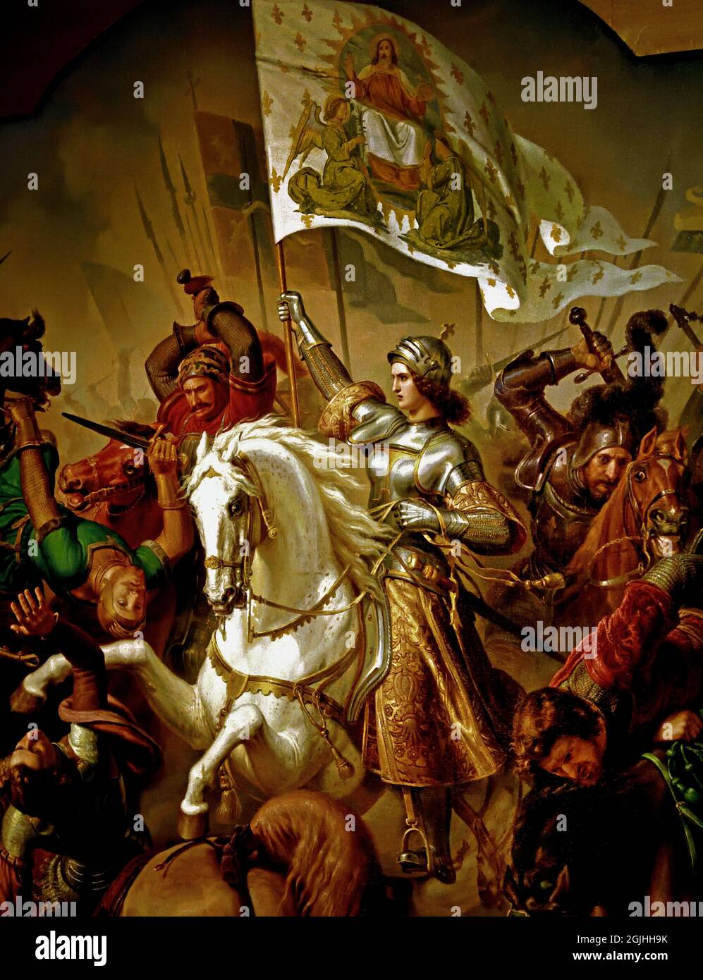 Jeanne D`Arc in battle (Middle panel of the life of Jeanne D`Arc), 1843 France French ( Joan of Arc, The Maid of Orléans, heroine of France for her role during the Lancastrian phase of the Hundred Years' War, canonized as a saint. ) Stock Photo